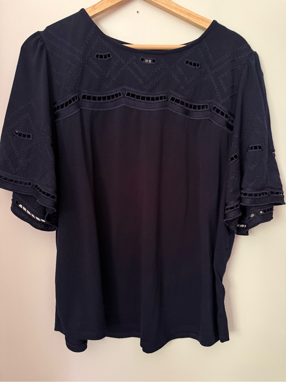 Adrianna Papell Navy Eyelet Flutter-Sleeve Blouse